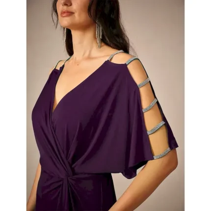 Women's Tea Length Knit Dress Elegant Stylish Party Date Regular Fit Solid Color Short Sleeve V Neck Eggplant Summer 2025 - Image 5