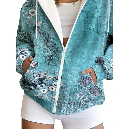 Women's Zip Up Hoodies Floral Graphic Tribal Fashion Casual Long Sleeve Hooded Regular Tops Street Dailywear Casual Zipper Pocket Print Maroon Dark Bl - Image 4