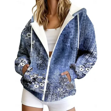 Women's Zip Up Hoodies Floral Graphic Tribal Fashion Casual Long Sleeve Hooded Regular Tops Street Dailywear Casual Zipper Pocket Print Maroon Dark Bl - Image 5