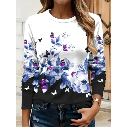 Women's T shirt Crew Neck Long Sleeve Tunic Floral Graphic Butterfly Vintage Stylish Classic  Round Neck Regular Tops Daily Print Yellow Red Blue Purp - Image 5