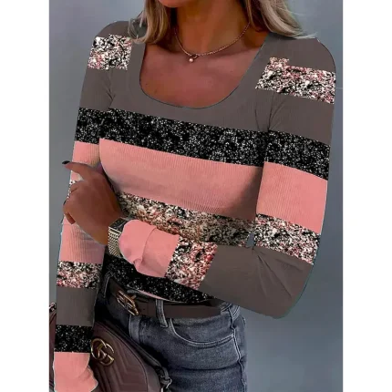 Women's Tunic Graphic Geometric Striped Vintage Fashion Stylish Long Sleeve Square Neck Regular Tops Daily Print Pink Blue Rose Pink Spring Fall Winte - Image 3