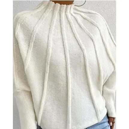 Women's Sweater Fashion Daily Solid Color Mock Neck Knitted Textured Batwing Sleeve Long Sleeve Regular Tops Knit Home Work Daily Black White Fall Win - Image 3