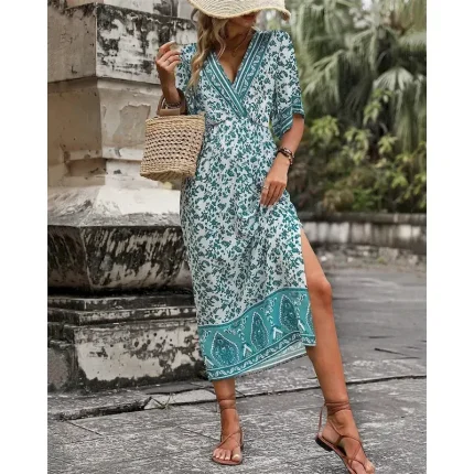 Women's Midi Dress Casual Dress A Line Dress Summer Dress Boho Dress Hawaiian Stylish Vacation Daily Date Regular Fit Floral Short Sleeve V Neck Dark - Image 3