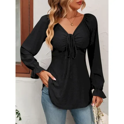 Shirt Blouse Women's Black White Pink Solid / Plain Color Lace up Valentine's Day Daily Fashion V Neck Regular Fit S 2025 - Image 4
