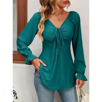 Shirt Blouse Women's Black White Pink Solid / Plain Color Lace up Valentine's Day Daily Fashion V Neck Regular Fit S 2025 - Image 5