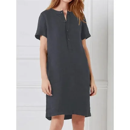 Women's Wine khaki Gray Summer Spring Midi Dress Linen-Inspired Dresses Casual Daily Loose Fit Plain Crew Neck 2025 - Image 5